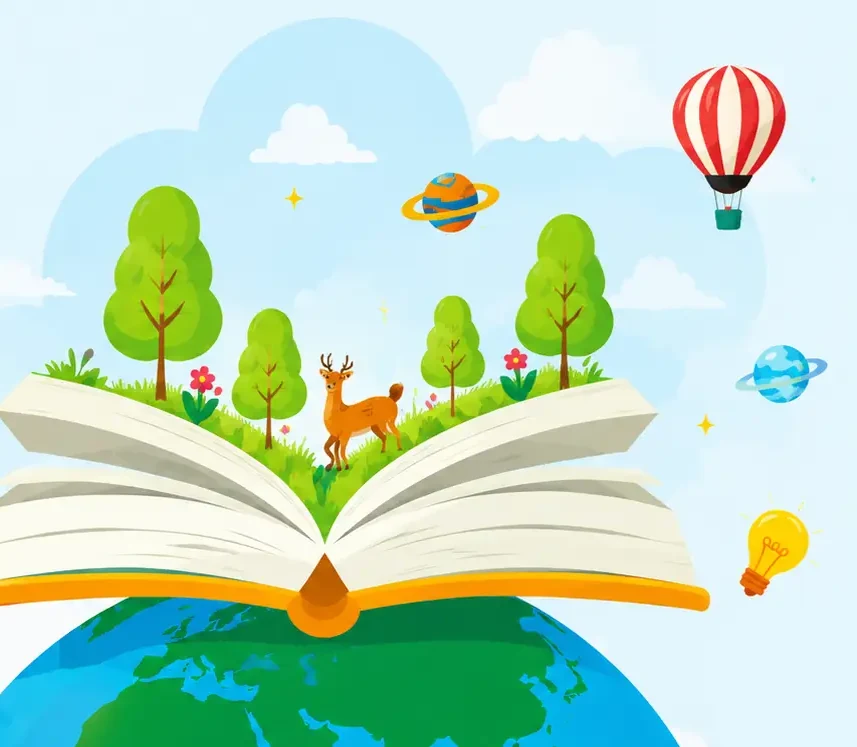 An open book with a forest and a deer growing out of it, on top of the globe